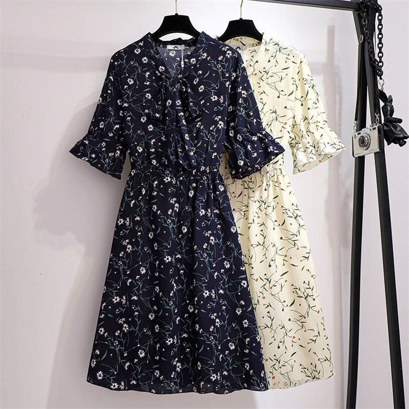 Casual Dresses 150Kg Plus Size Women's Bust 150 Summer Loose Temperament V-Neck Tie Short Sleeve Floral Chiffon Dress 5XL 6XL 7XL 8XL 9XL 230316