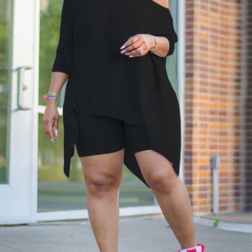 LW Plus size womens casual set 2-piece set Plus one shoulder asymmetrical hem top and shorts 2-piece set 250427