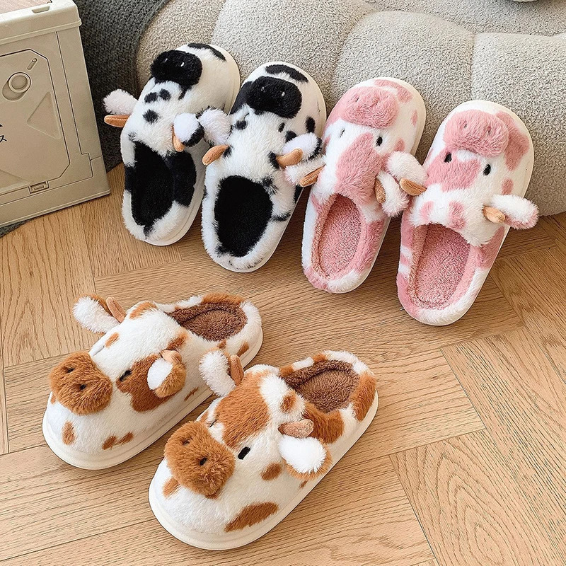 Womens Winter Warm Cartoon Cow Slippers Closed Toe Non Slip Furry House Shoes Women Indoor Bedroom Thick Sole Plush Slippers 250924