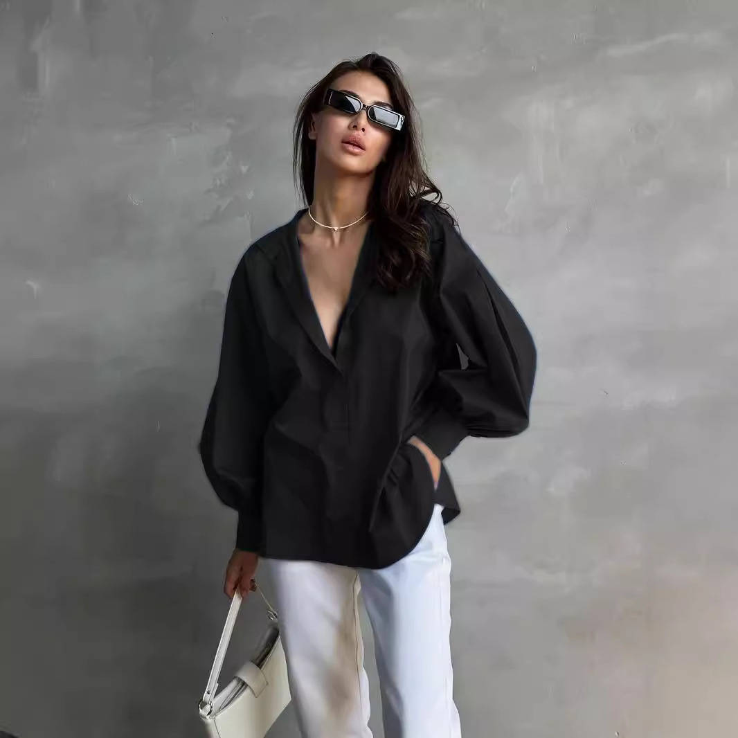 2024 Lantern Sleeve Womens Shirt Lazy Style Elegant Commuting Versatile Round Neck Lantern Sleeve Shirt Women 210524