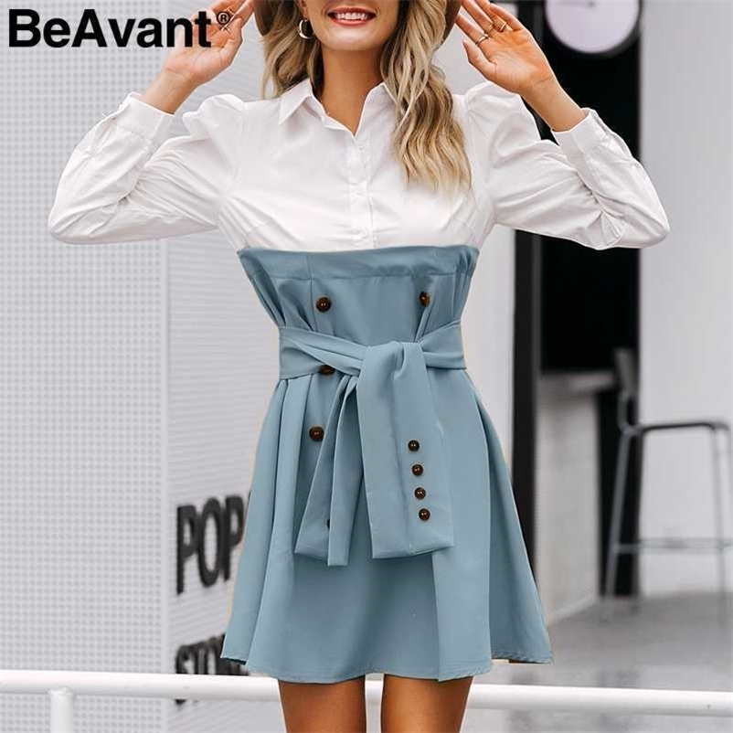 BeAvant Elegant patchwork office dress women Buttons sash belt autumn winter shirt dresses High waist puff sleeve vestidos robe 210709