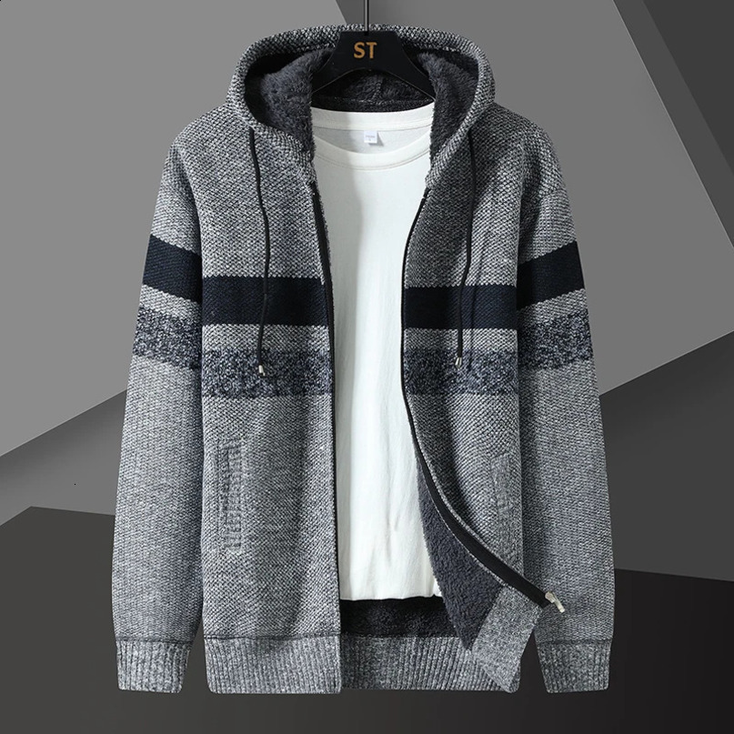 Winter Fleece Striped Cardigan Men Thick Warm Knitted Hooded Sweatercoat Mens Long Sleeve Casual Knitting Sweater Jacket Coats 241217