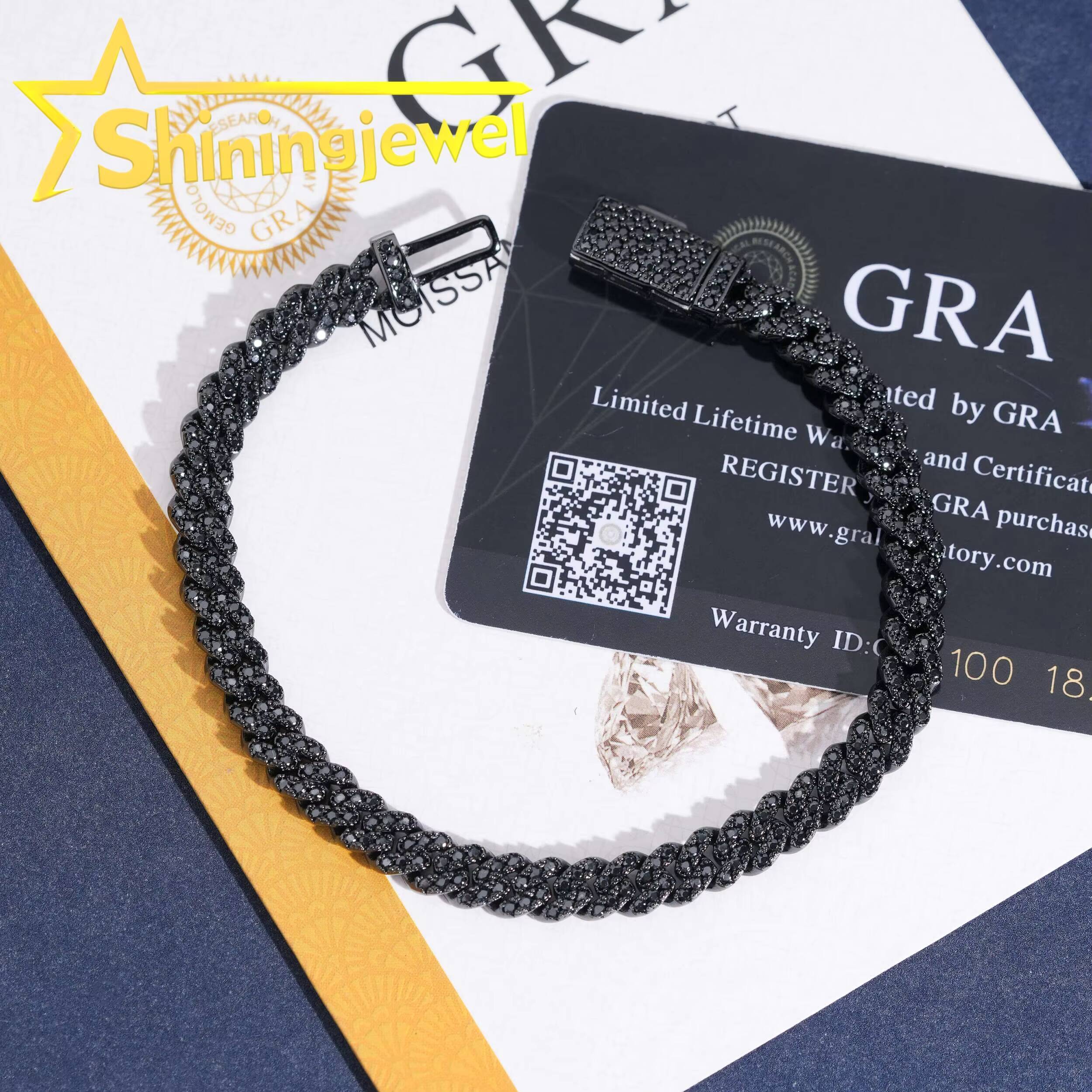 Black Moissanite 6MM Men Hip Hop Cuban Bracelet Sterling Silver 925 Gold Plated Moissanite Pass Diamond Test Cuban Bracelet