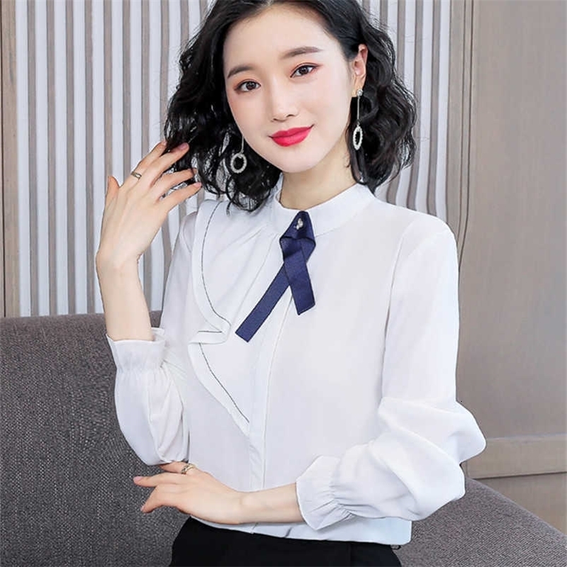 Korean Women Shirts Chiffon Blouses Plus Size Elegant Solid Ruffles Blusas Mujer De Moda Ladies Top 210531