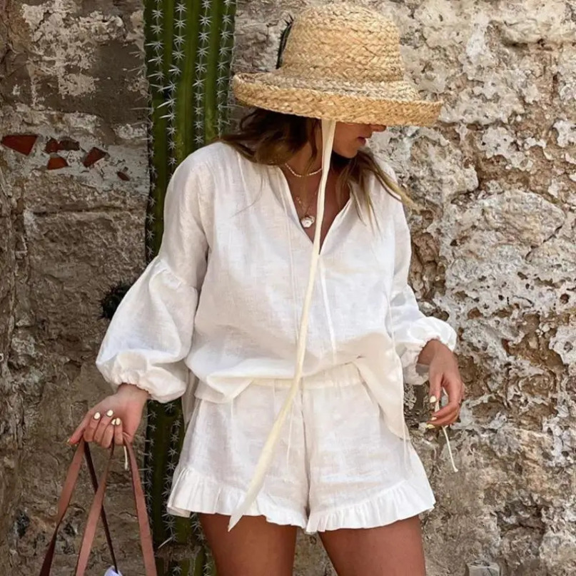 Women Casual 2 Piece Set Cotton Linen Long Sleeve Shirts and Shorts Spring Summer White Suit Chic Loose Female Outfits 240423