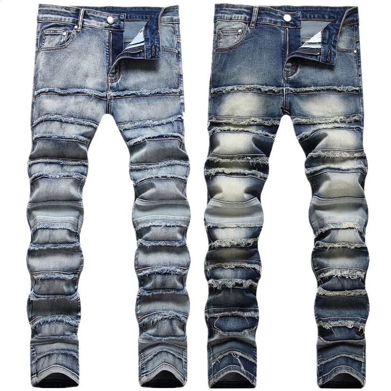 chareiharper plus size 8811 European and American mens jeans high street ripped jeans without elastic small feet slim embroider 240828