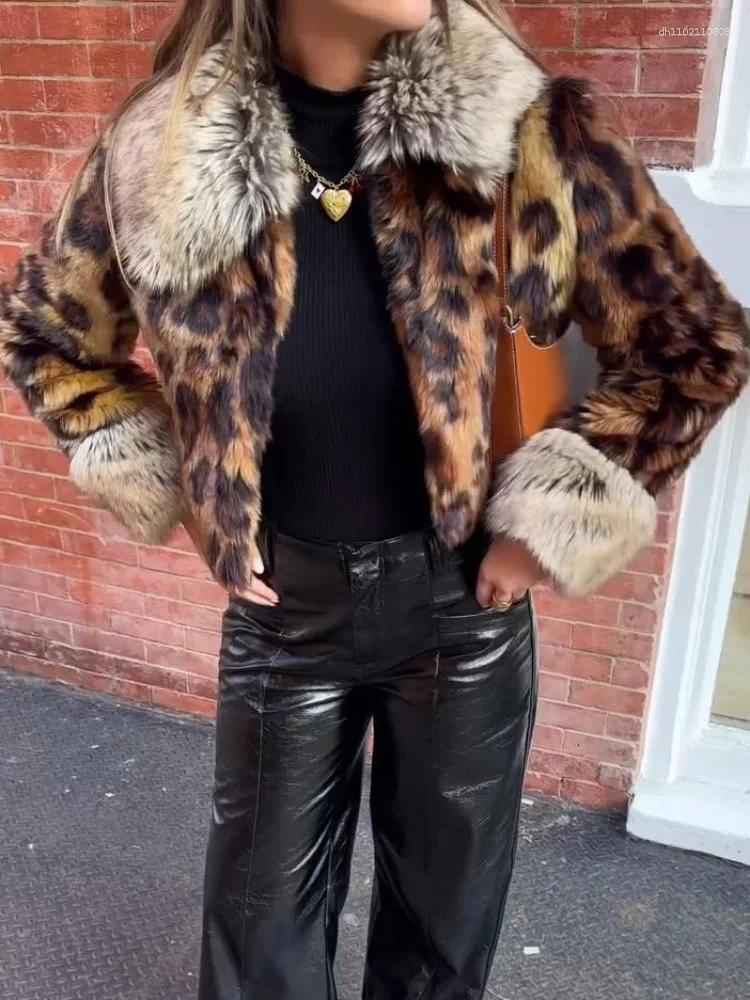 Women's Down 2025 Winter Animal Leopard Print Faux Fur Jacket For Women Luxury Y2K Long Sleeve Warmth Coats Lady High Street Chic Outerwear