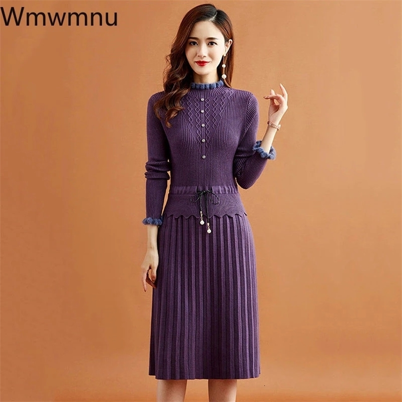 Wrinkled Knitted Dress Bottom Sweater Two Piece Womens Retro Elegant Long Sleeve Autumn Casual Slim Fit Midi Vestidos 241125