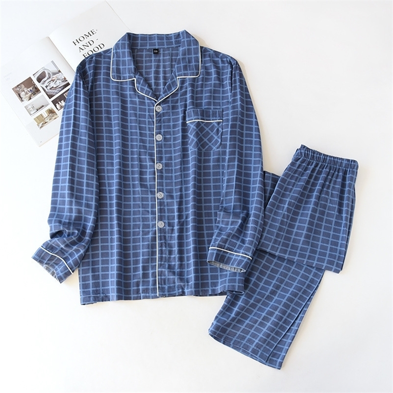 Men's Sleepwear spring and autumn men's 100% viscose pajamas long-sleeved trousers summer thin cotton plaid home service two-piece suit men 