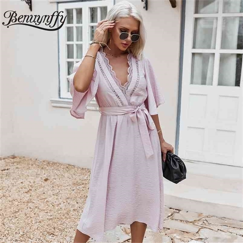 Surplice Neck Lace Patchwork Solid Midi Dresses Summer Butterfly Sleeve Women Elegant High Waist Belted A-Line Dress 210510