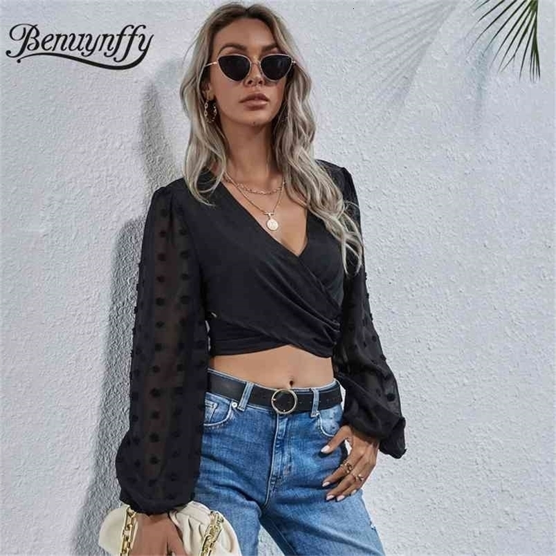 Crossover V-neck Polka Dot Flocked Mesh Sleeve Crop Top Women Black Sexy Lantern Ladies Slim Blouses Tops 210510