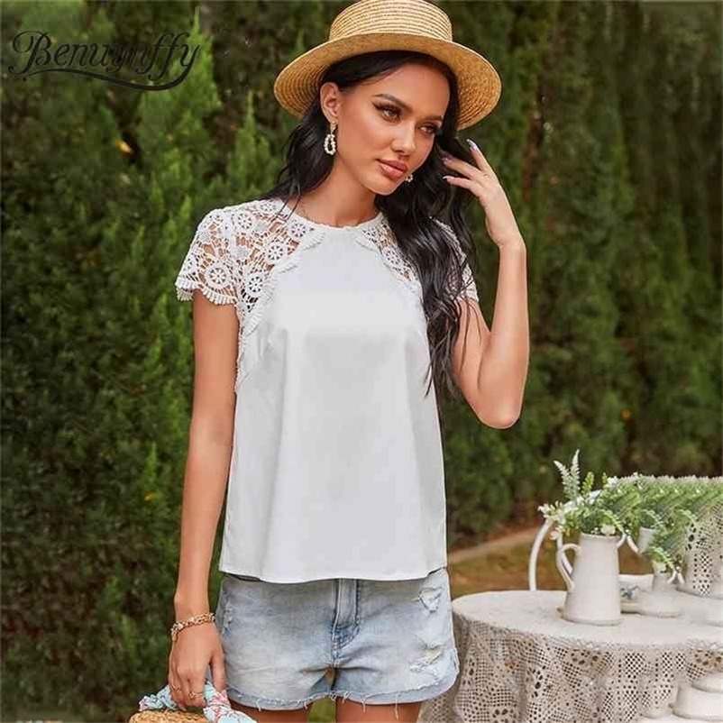 O-Neck Hollow Out Lace Patchwork Ladies Tops and Blouses Summer Casual Solid Loose Blouse Women Clothing 210510