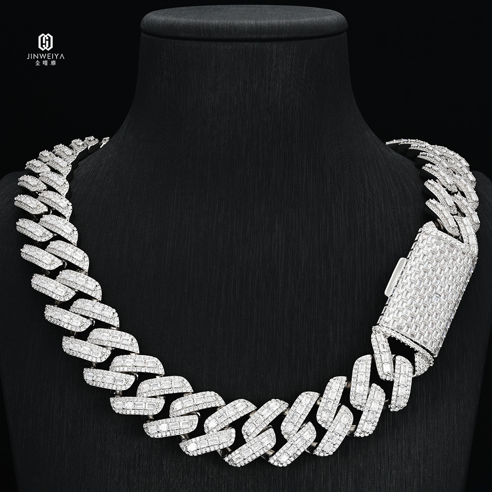 Best Quality 20MM Cuban Link Chains with Baguette Moissanite Diamond and Sterling Silver Hiphop Jewelrys Moissanite Necklaces