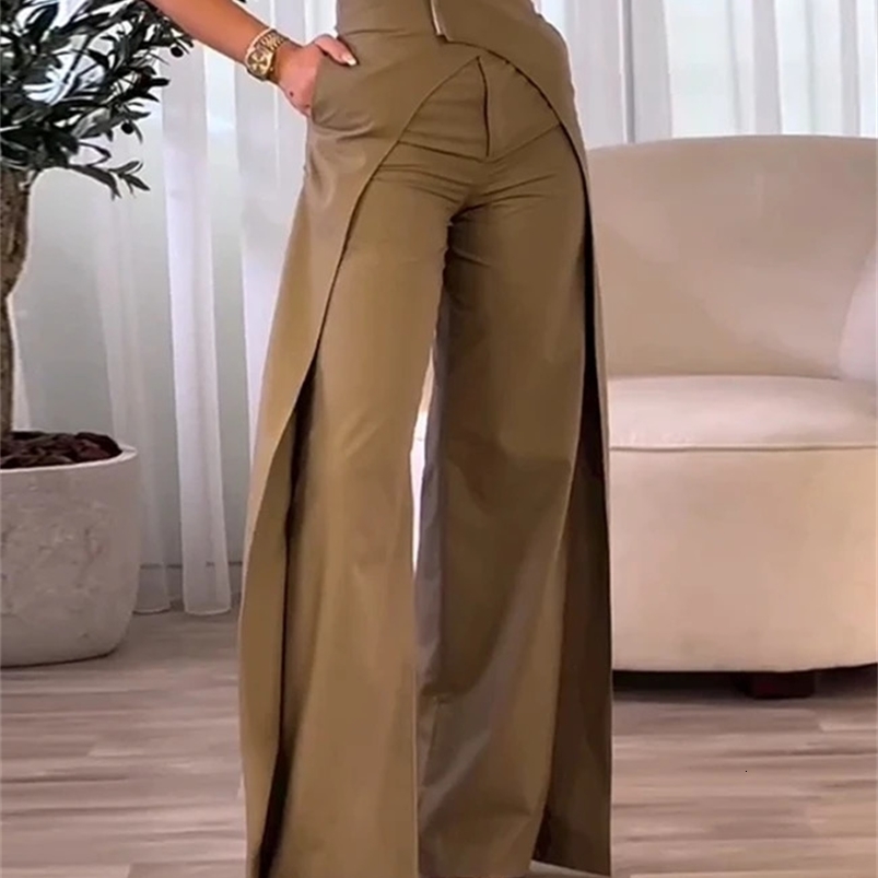 Fashion Womens Elegant High Waist Overlap Asymmetrical Wide Leg Pants Female Trouser Casual Bottom Z260314