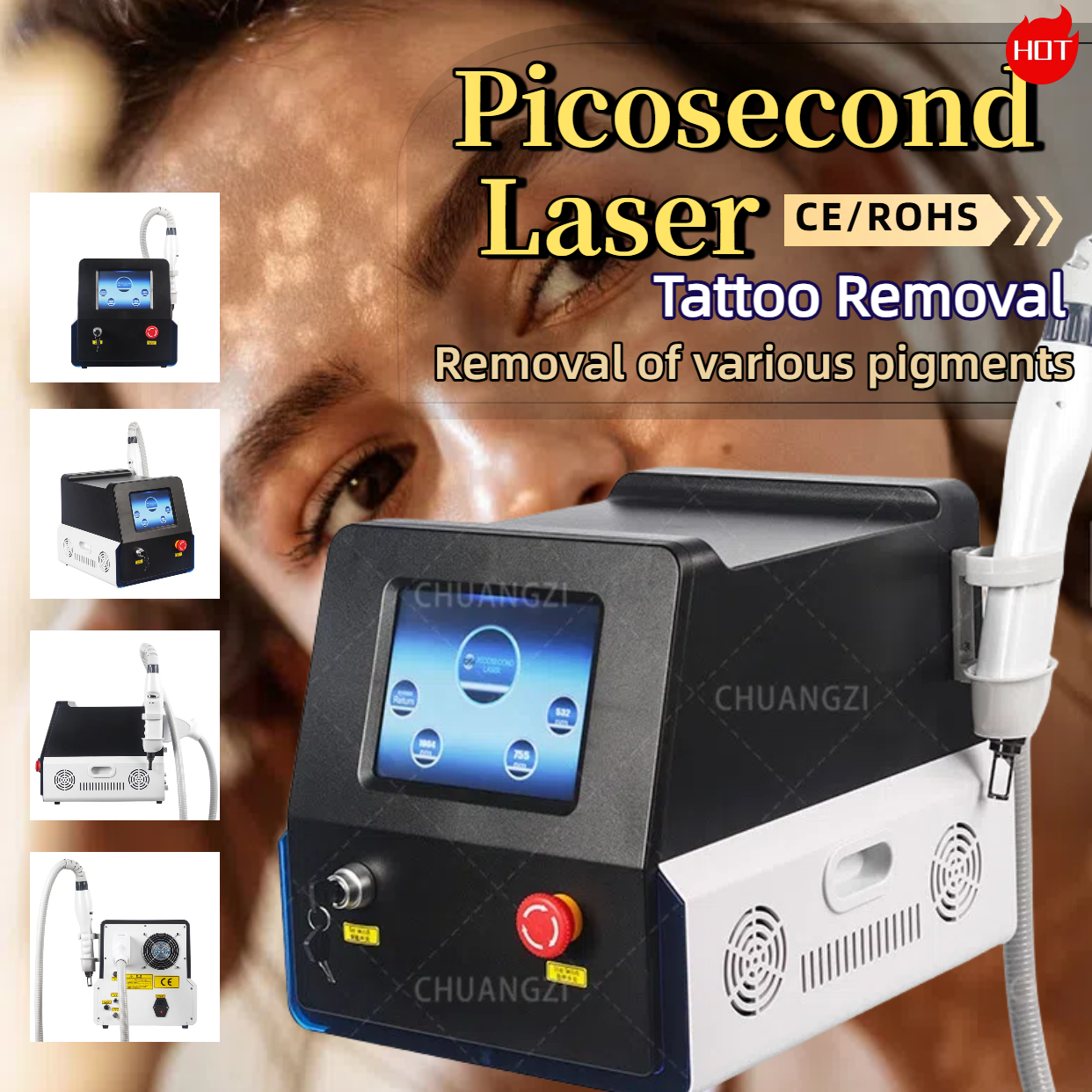 Professional Nd Yag Q Switch Picosecond Laser Tattoo Removal Machine 755nm 1064nm 532nm 1320nm Pigmentation Skin Eyebrow Removal