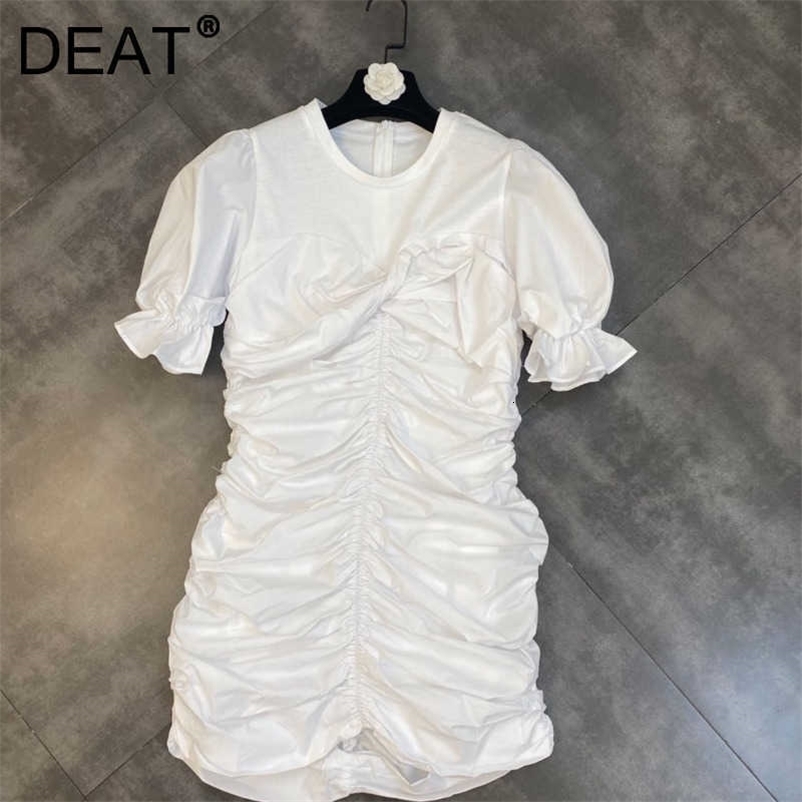 DEAT Women Pleated Ruffles Short Dress Round Neck Short Sleeve Arrivals Lady Temperament Fashion Spring Summer 11D1255 210709