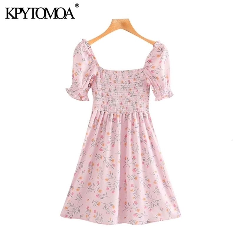 Women Chic Fashion Floral Print Ruffles Mini Dress Puff Sleeves Smocked Female Shirts Blusas Tops 210420