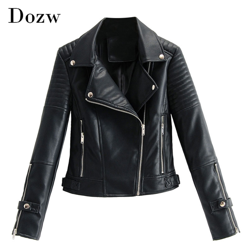 Women Fashion Solid Motorcyle Jacket Faux Leather Long Sleeve Coat Turn Down Collar Streetwear Zipper Jackets 210414