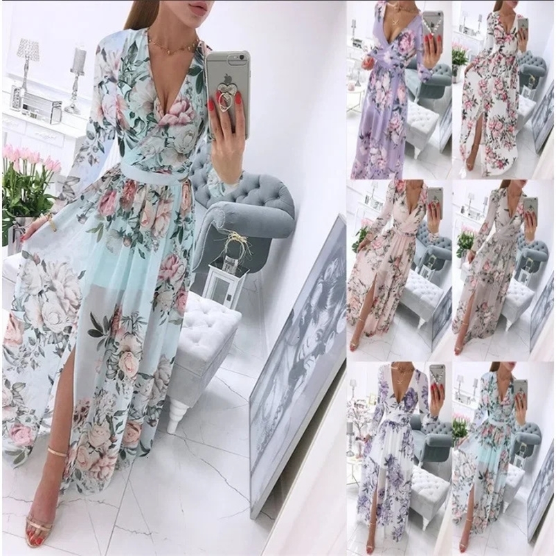 Summer Long Sleeve V-Neck Chiffon Printing Bohemian Dress For Women Independent Station Fashion 250519