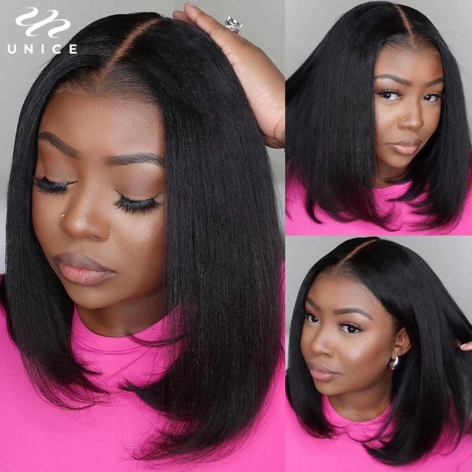 UNice Hair Light Yaki Straight Bob Wig With Elastic Drawstring 7x5 Pre Cut Pre Bleached Glueless Wigs Human Hair Ready To Wear F250923
