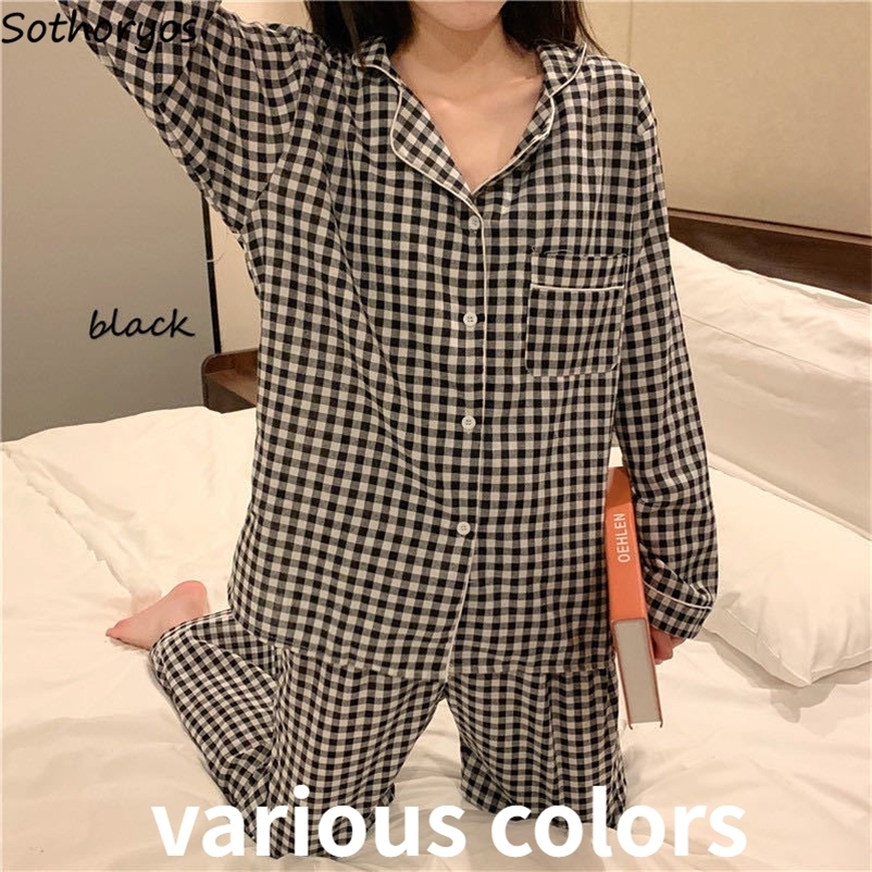 Women's Sleepwear Women Pajama Sets Plaid Button-up Turn-down Collar Long Sleeve Sleep Wear Pockets Simple Japanese Style Students Pajamas Spring