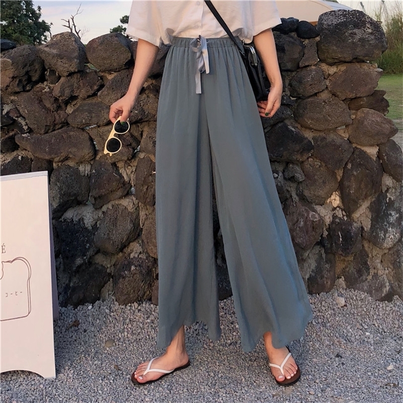 Pants & Capris Summer Loose High Waist Black Chiffon Wide Leg Pant Women Thin Ankle Length Retro Casual Elastic Fashion 210429