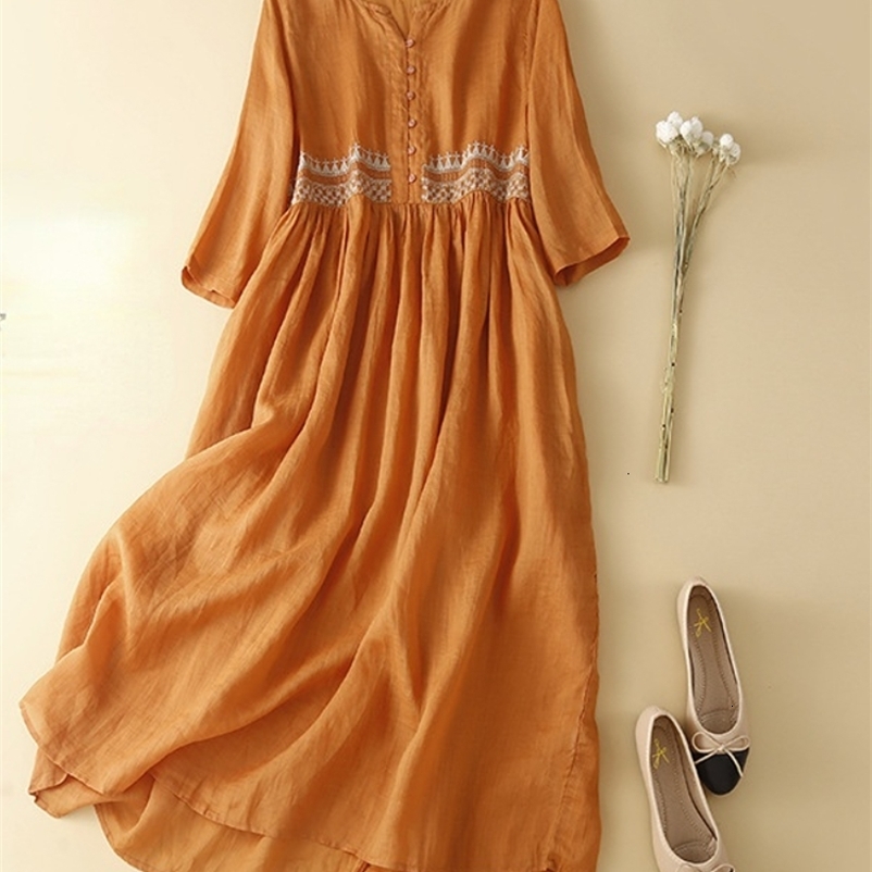 Casual Dresses Summer Women's Cotton and Linen Dress Ethnic Style Embroidery Temperament Round Neck Midi Skirt Loose and Casual 230316