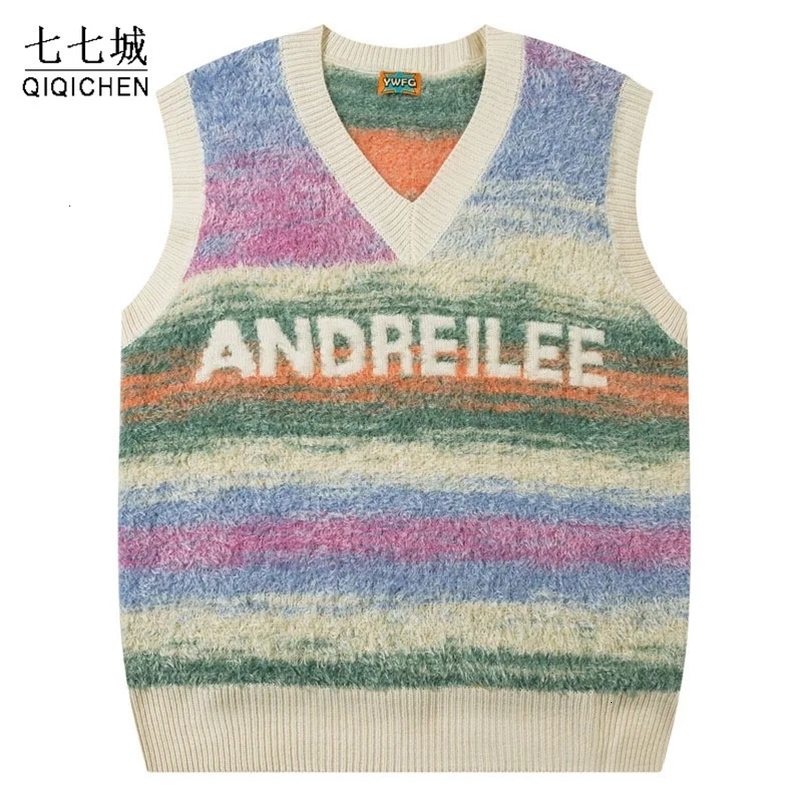 Harajuku Plush Sweater Vest Men Women Gradient Striped Loose Sleeveless V-neck Pullover Autumn Winter Korean Casual Sweaters 240704