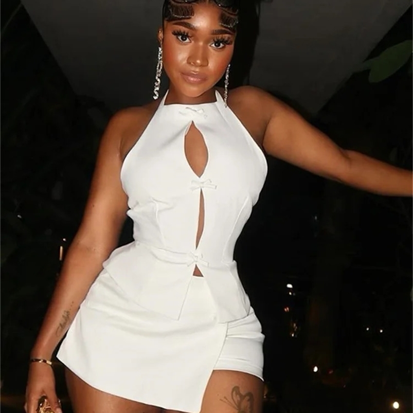 Strange Cat Irregular Sexy 2-piece Womens Ring Hollow Knot Backless TopThin Peach Hip Tight Midnight Girl Wild Set 250423