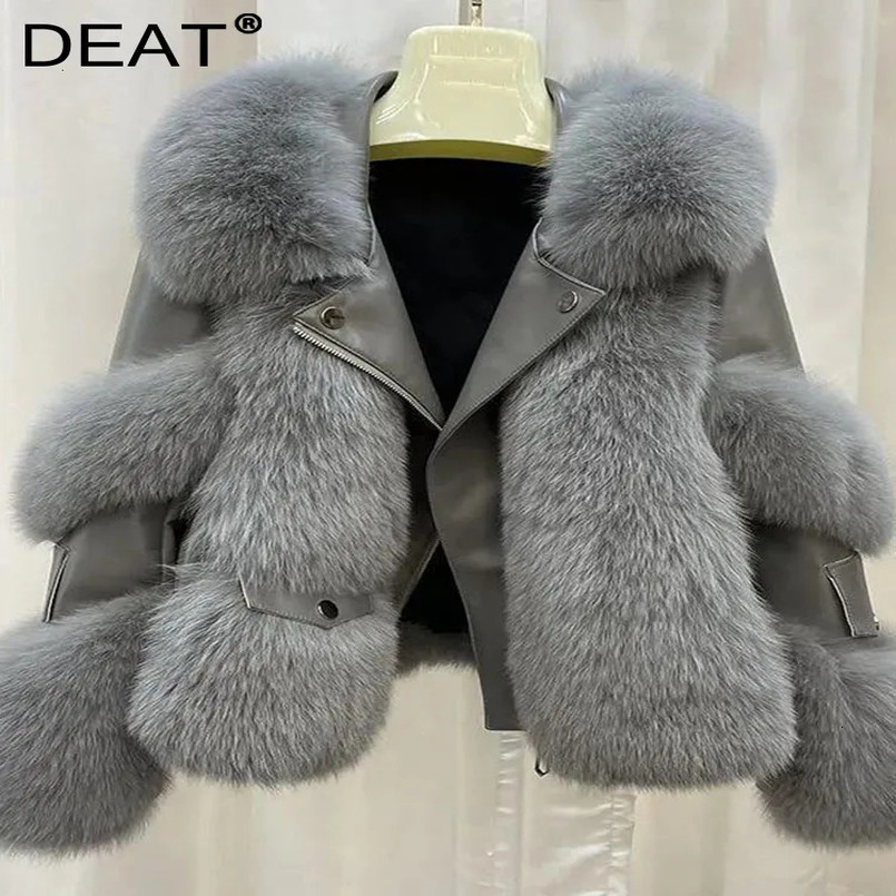 DEAT Patchwork Collar Jacket Womens Full Sleeve Zipper Full Sleeve Elegant Warm Thick Collection Autumn Womens 241029