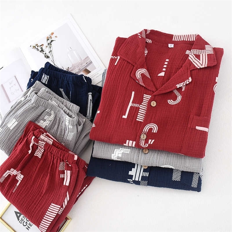 Japanese spring and autumn men's pajamas two-piece 100% cotton long-sleeved trousers simple letters loose home service set 211019