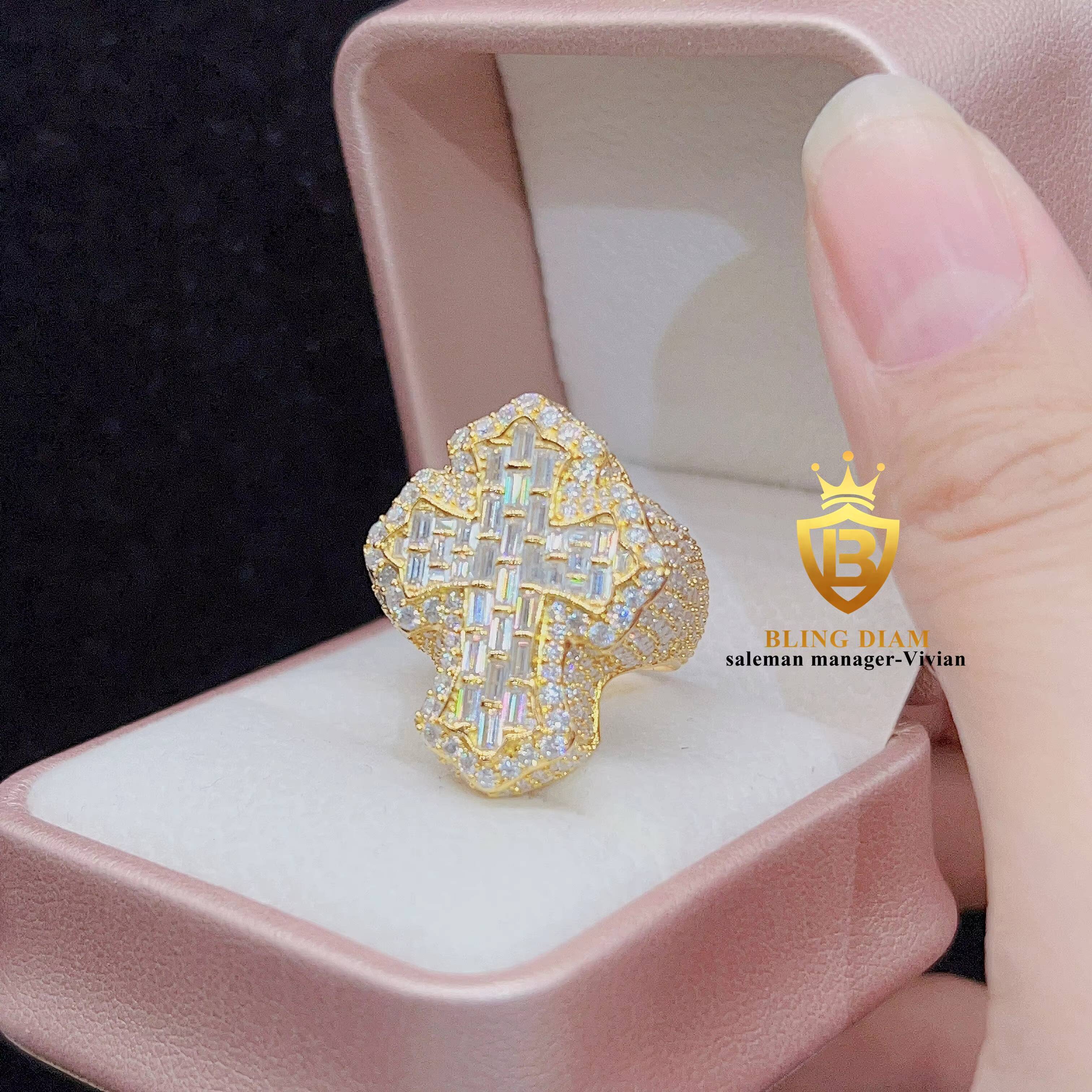 Wholesale Price Factory Direct Sale Fine Hip Hop Jewelry 18K Gold Plated Silver Moissanite Cross Ring