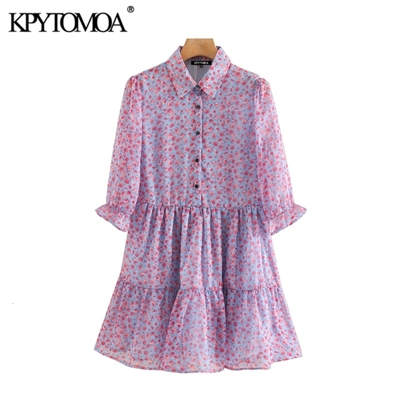 Women Sweet Fashion Floral Print Ruffled Mini Dress Lapel Collar Short Sleeve Female Dresses Vestidos 210420