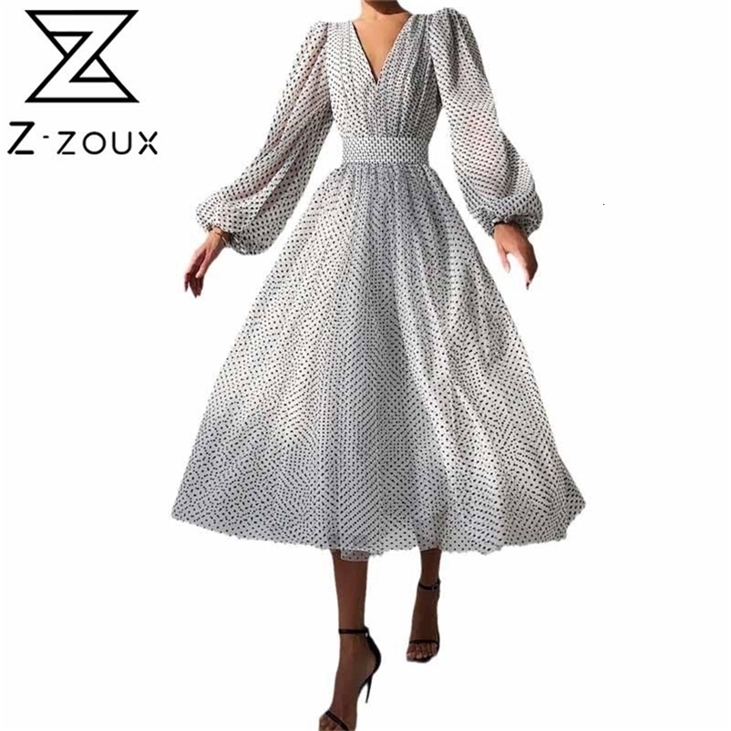 Women Dress Temperament Party es Deep V Neck Lantern Sleeve Dot Print Maxi High Waist Large Swing Long es 210513
