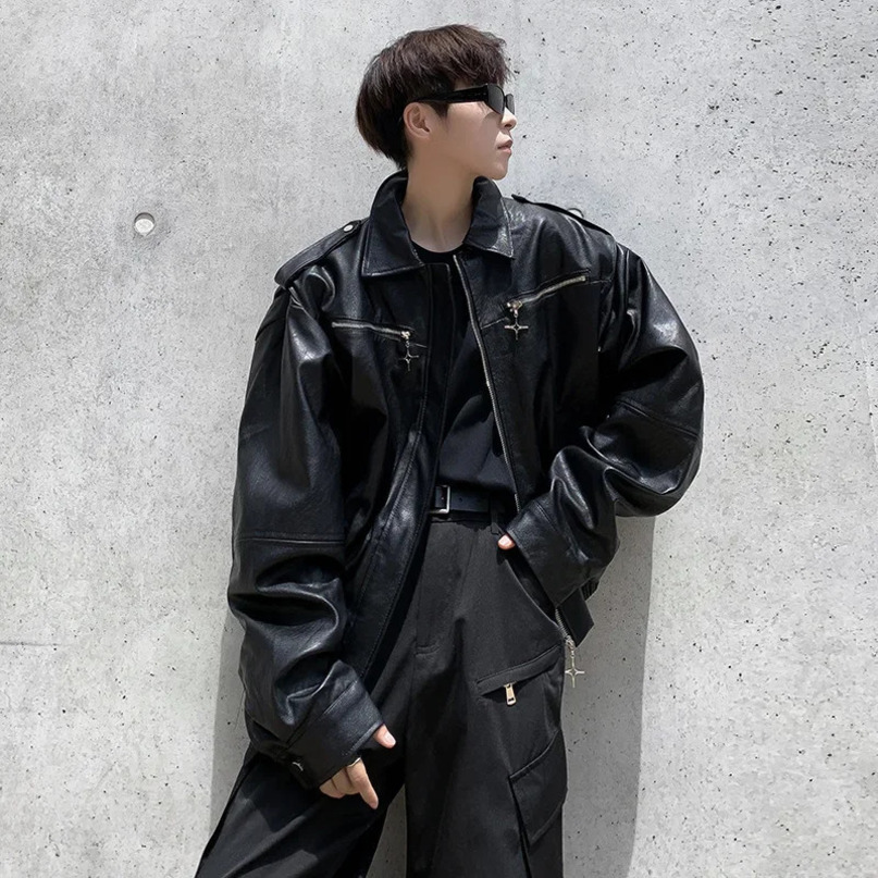 Spring retro Korean style elegant mens leather jacket casual loose fit heavy and harsh situation couple jacket trend 241031