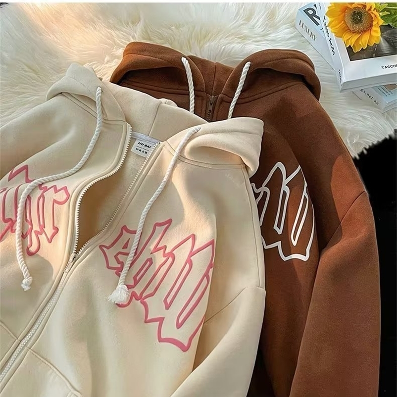 Women's Hoodies Sweatshirts Letter Embroidery Zip Up Hoodies Women Long Sleeve Loose Top Harajuku Gothic Big Size Hooded Sweatshirt Jacket Coats 