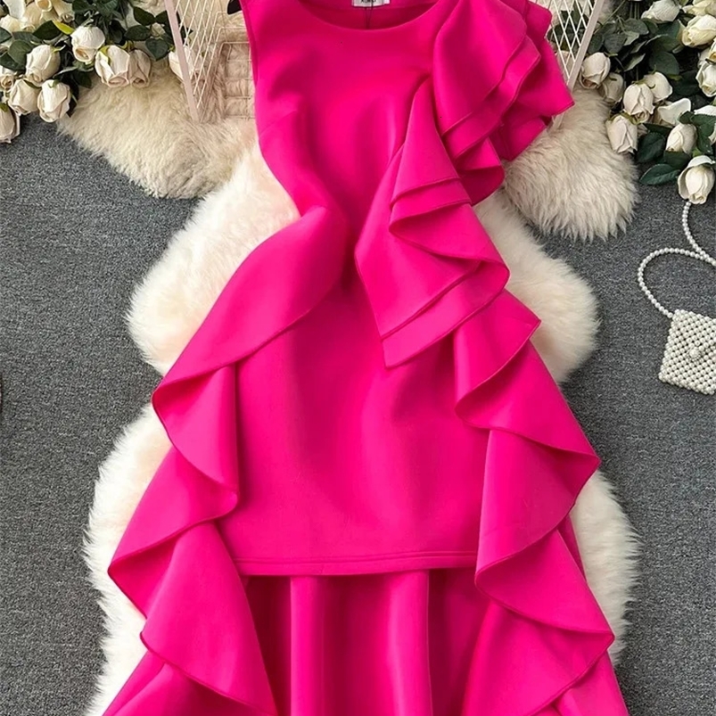 XFPV Womens Sleeveless Rose Red Ruffle Edge High End Slim Party Dress Vestidos Korean Fashion Autumn Winter 2025 SM9347 250103