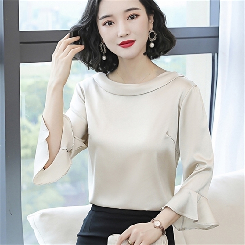 Korean Silk Women Blouses Shirt Satin Flare Sleeve Blouse Tops Plus Size Blusas Mujer De Moda 210531