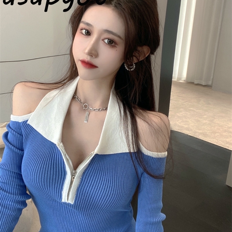 Sexy Full Sleeve Zipper Off The Shoulder Halter Knitted Dress Women Backless Slim Patchwork Contrast Casual Retro Vestidos 210429