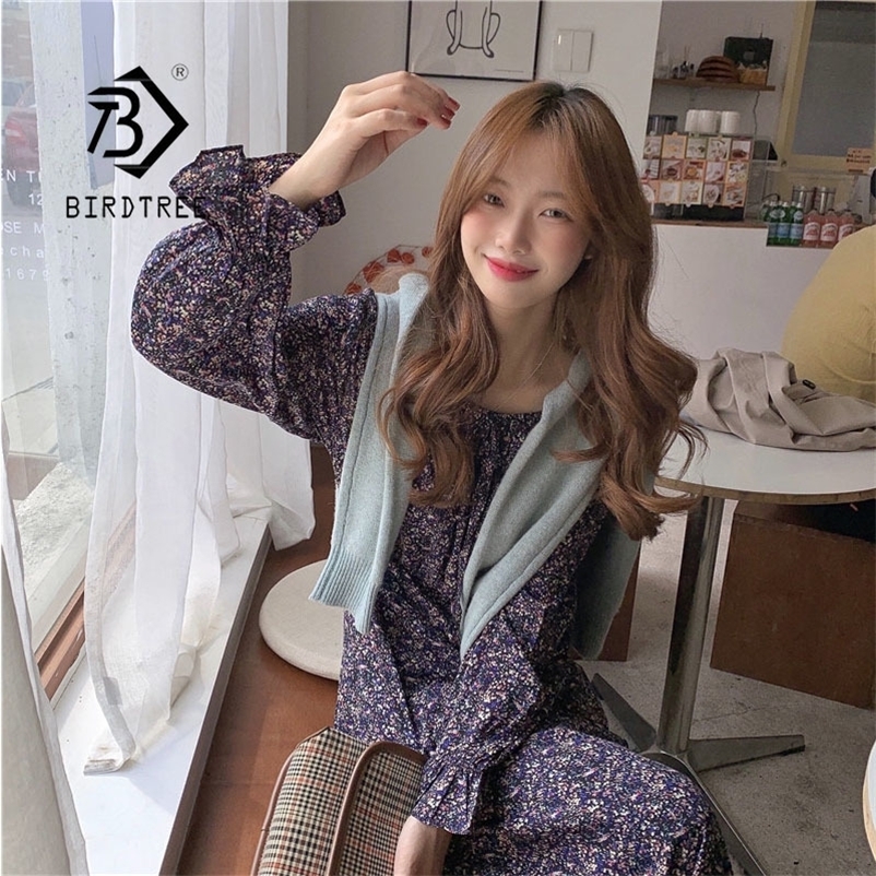 Spring Autumn Women Ladies Sleeve Boho Chiffon Floral Print Robe Medium Long T-Shirt Dress T0D22C 210416