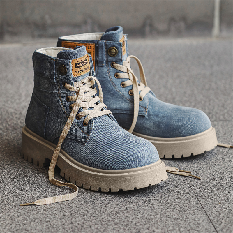 Designer shoes free shipping Autumn vintage washed denim Martin boots trend versatile new high top short boots