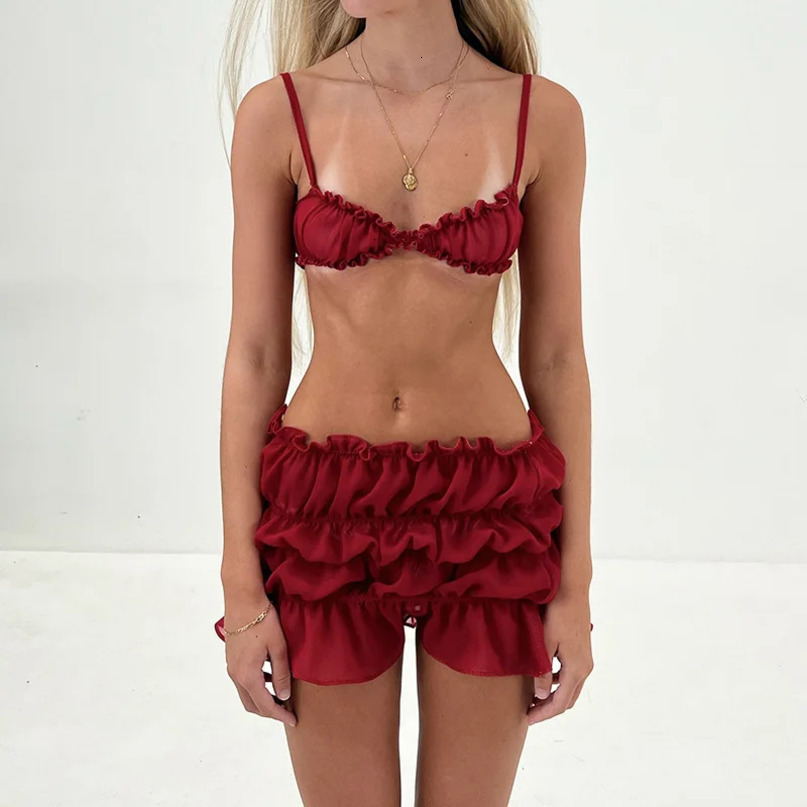 Y2K Ruffle Mini Skirt Set Red Spaghetti Strap Tops and Low Waist Outfits Women Summer Sexy Club Party Two Piece 240423