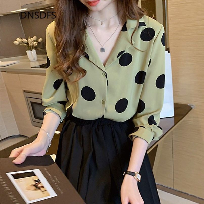 Women's Blouses Shirts Dot Printed Shirts Office Spring Autumn Blouse Women Fashion Long Sleeve Chiffon Shirt Korean Simple Notched Neck Tops 220