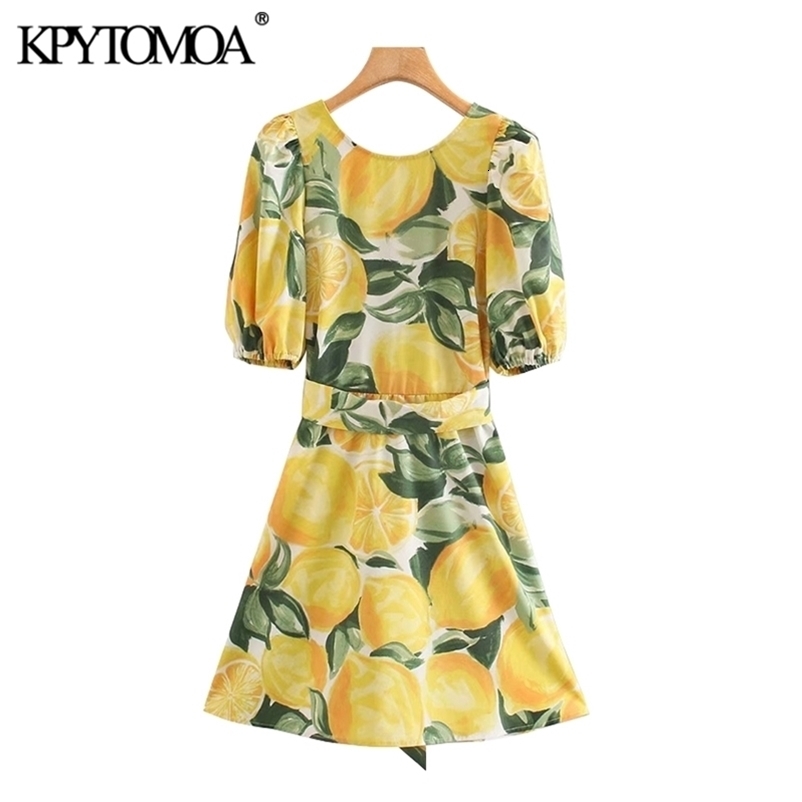 Women Chic Fashion Fruit Print With Belt Mini Dress Bacless Puff Sleeves Female Dresses Vestidos Mujer 210420