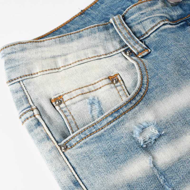 Fashionable new highquty mens jeans with pleats washed water nostalgic perforations red patches mens light blue jeans X250924