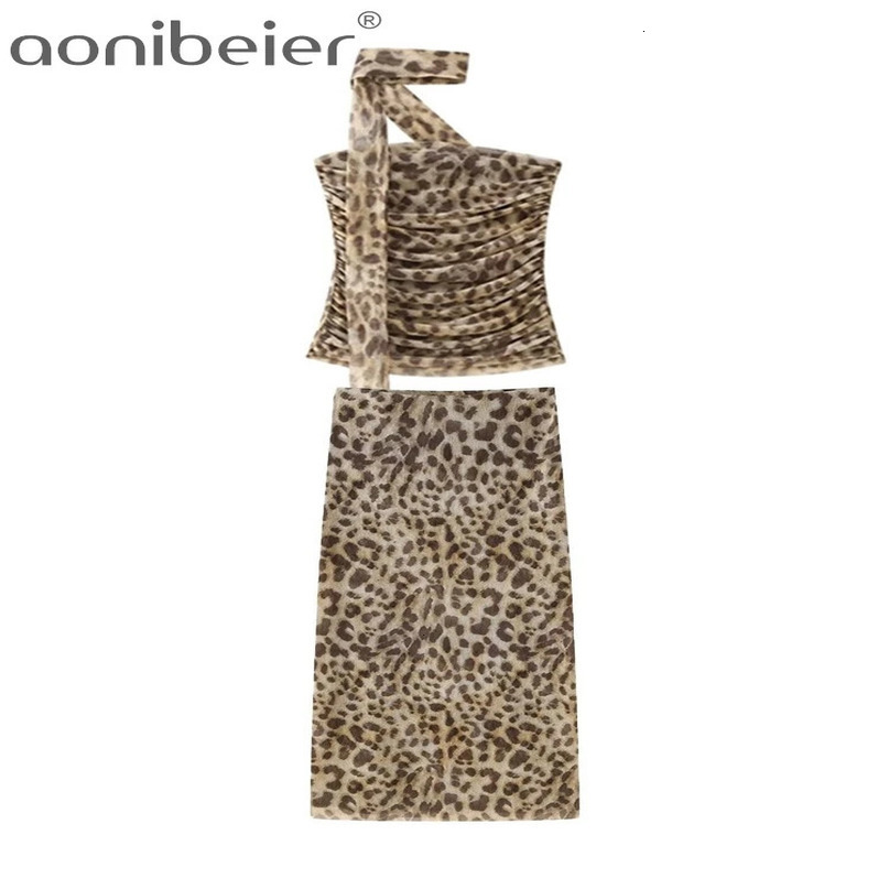 Aonibeier Sheer Tulle Leopard Print Women Midi Skirt Suits Traf Summer Sleeveless Strapless Slim Halter Female Crop Top Sets Y2K 240423