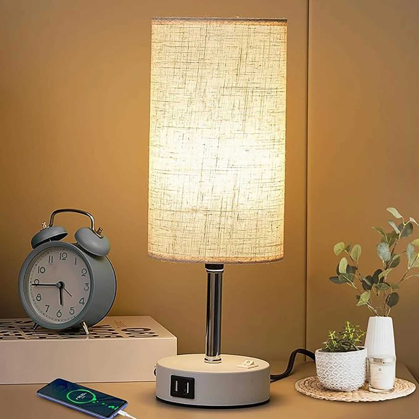 E27 bulb desk lamp with USB port circular linen lampshade suitable for bedroom bedside table decoration light without bulb C251115