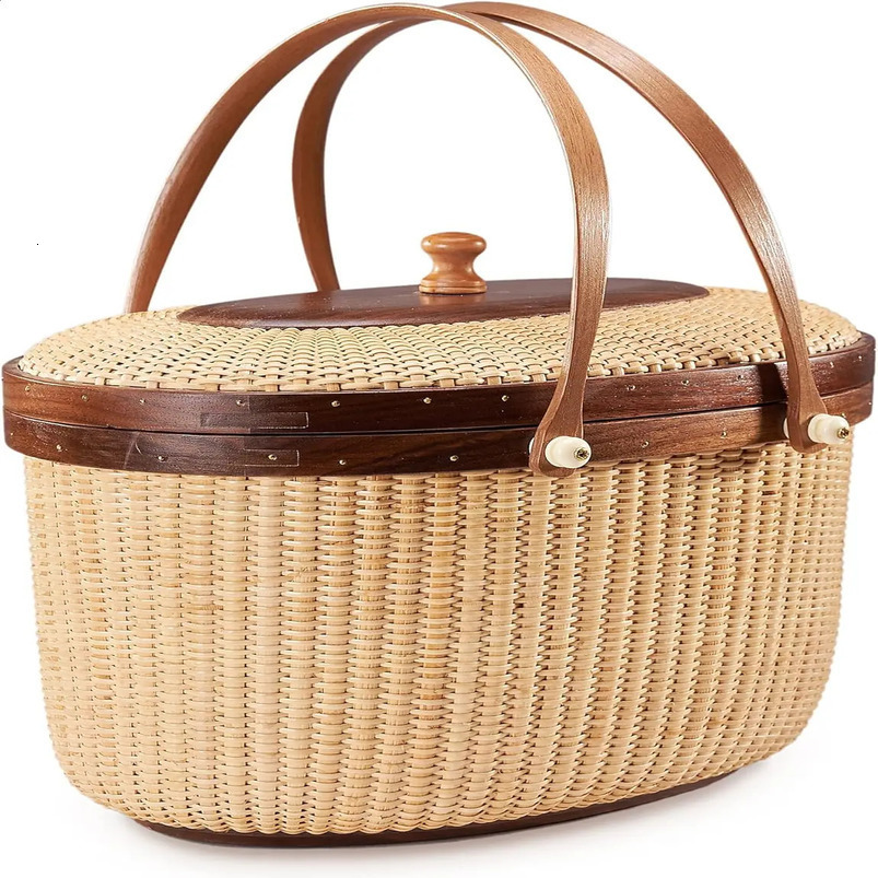 Nantucket Style Basket Rattan Handmade Products Womens Sewing Storage Double Swing Handle Handbag 240724