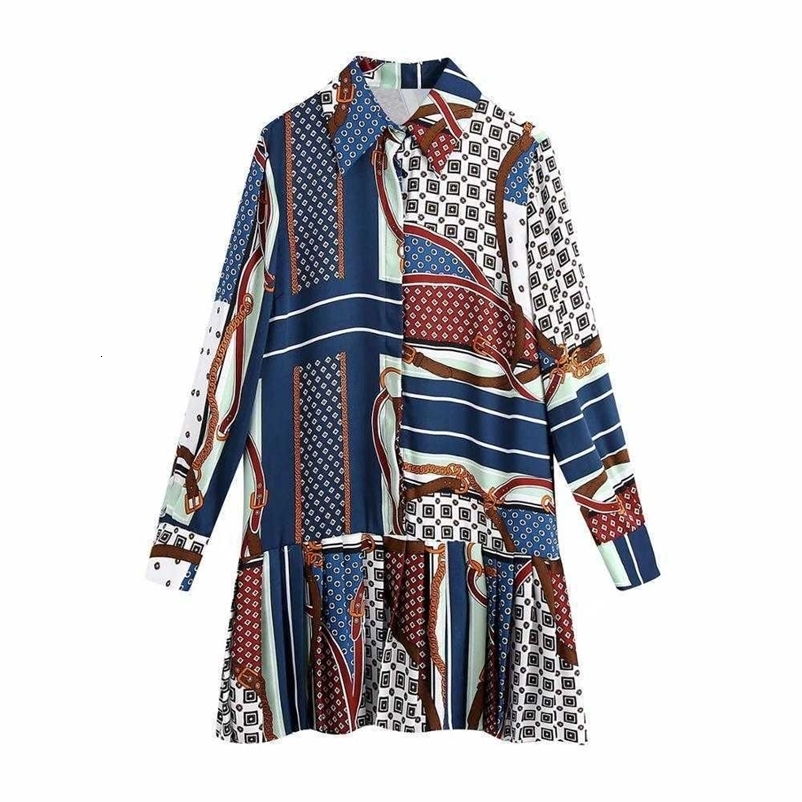 Women Printed Pleated Mini Dress Collared Long Sleeves Elegant Chic Casual Short Dresses Fashion Women Clothing 210709