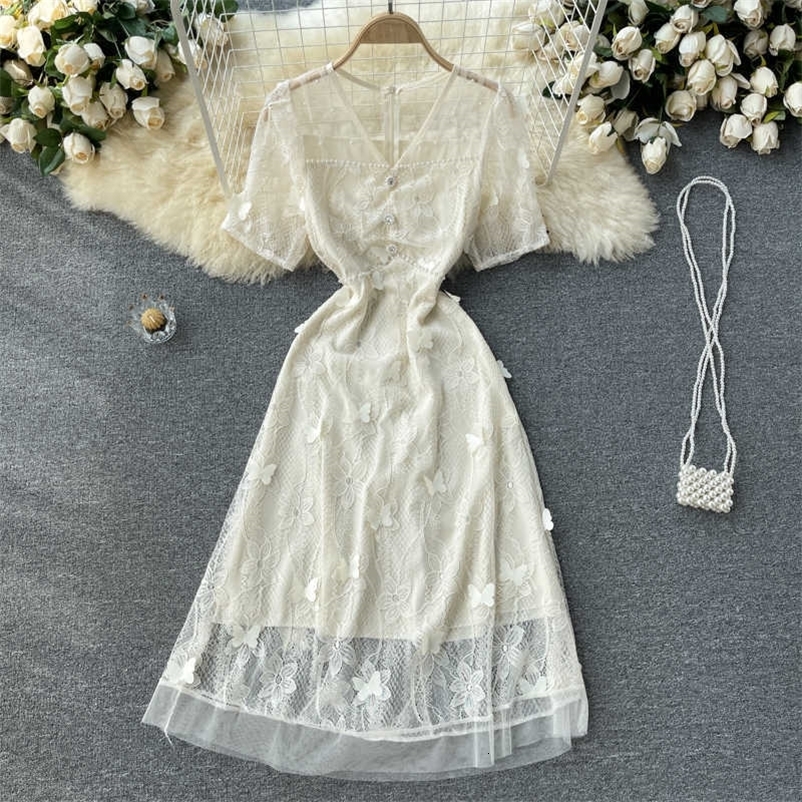 DEAT Women Lace Dress Butterfly Short Sleeve Arrivals Lady Temperament Fashion Spring Summer 11D577 210709